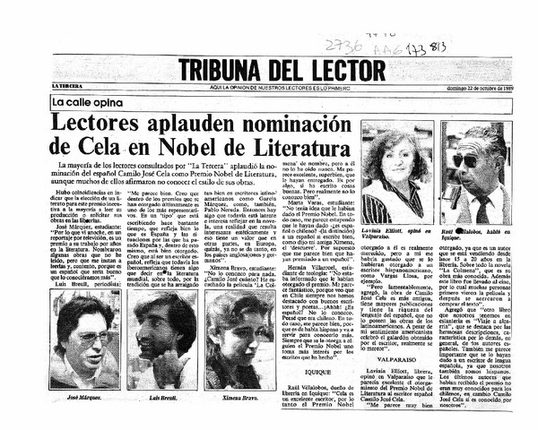 Lectores aplauden nominación de Cela en Nobel de Literatura  [artículo].