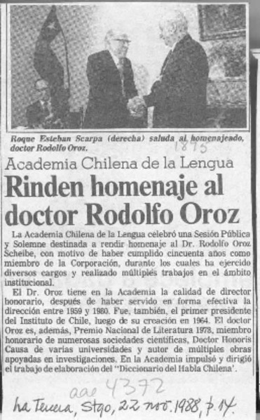 Rinden homenaje al doctor Rodolfo Oroz  [artículo].