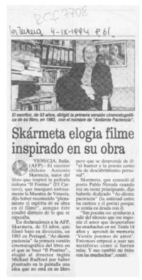 Skármeta elogia filme inspirado en su obra  [artículo].