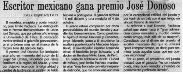 Escritor mexicano gana premio José Donoso