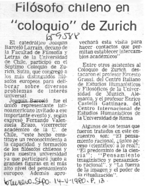 Filósof chileno en "coloquio" de Zurich.  [artículo]
