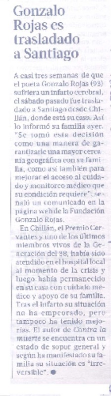 Gonzalo Rojas es trasladado a Santiago