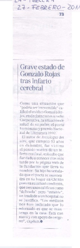 Grave estado de Gonzalo Rojas tras infarto cerebral