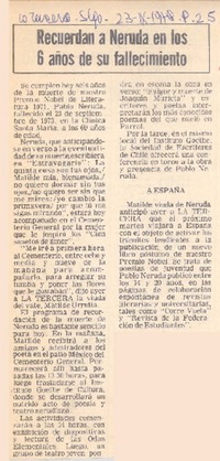 Recuerdan a Neruda en los 6 años de su fallecimiento.