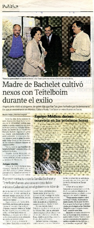 Madre de Bachelet cultivó nexos con Teitelboim durante el exilio  [artículo]Daniela Núñez.