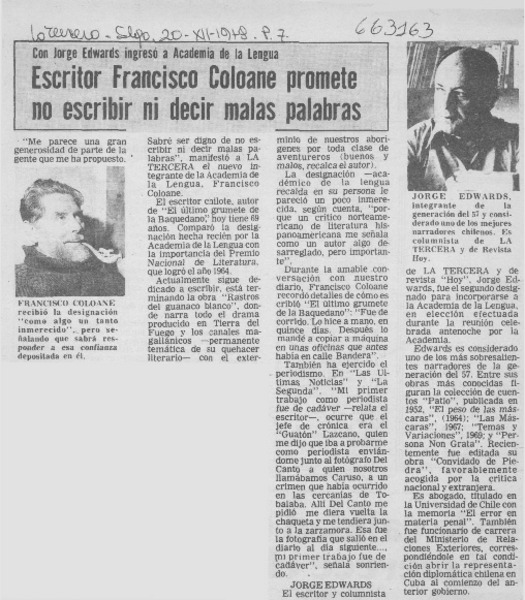 Escritor Francisco Coloane promete no escribir ni decir malas palabras.