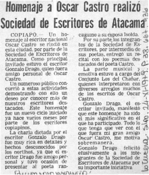 Homenaje a Oscar Castro realizó Sociedad de Escritores de Atacama.