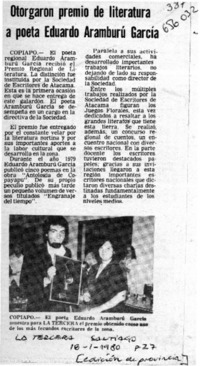 Otorgaron premio de literatura a poeta Eduardo Aramburú García.  [artículo]