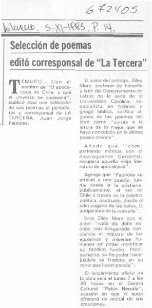 Selección de poemas editó corresponsal de "La Tercera".