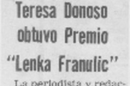 Teresa Donoso obtuvo Premio "Lenka Franulic".