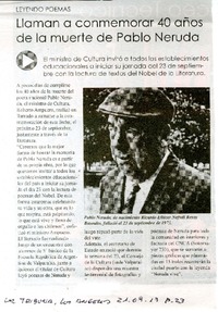 Leyendo poemas. Llaman a conmemorar 40 años de la muerte de Pablo Neruda  [artículo]