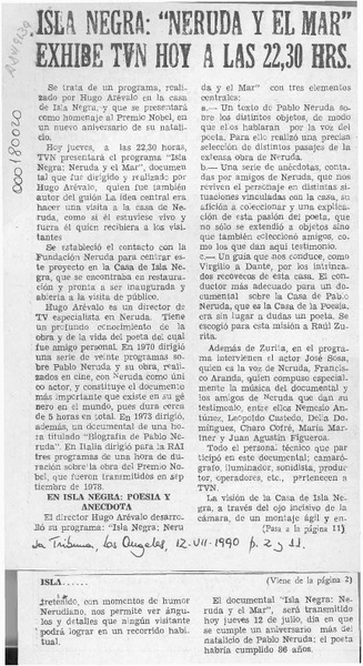 Isla Negra, "Neruda y el mar" exhibe TVN hoy a las 22,30 hrs.  [artículo].