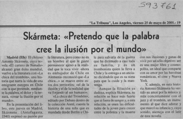 Skármeta, "pretendo que la palabra cree la ilusión por el mundo"  [artículo]