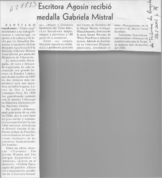 Escritora Agosín recibió medalla Gabriela Mistral  [artículo]
