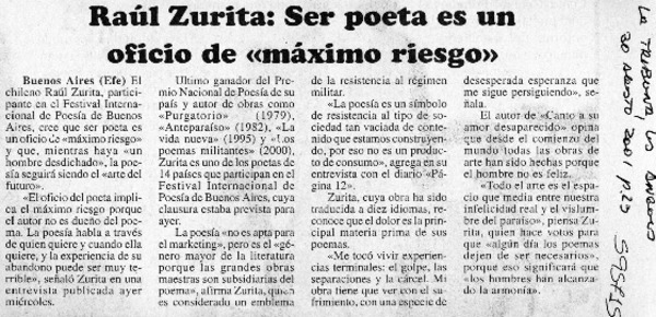 Raúl Zurita, ser poeta es un oficio de "máximo riesgo"  [artículo]