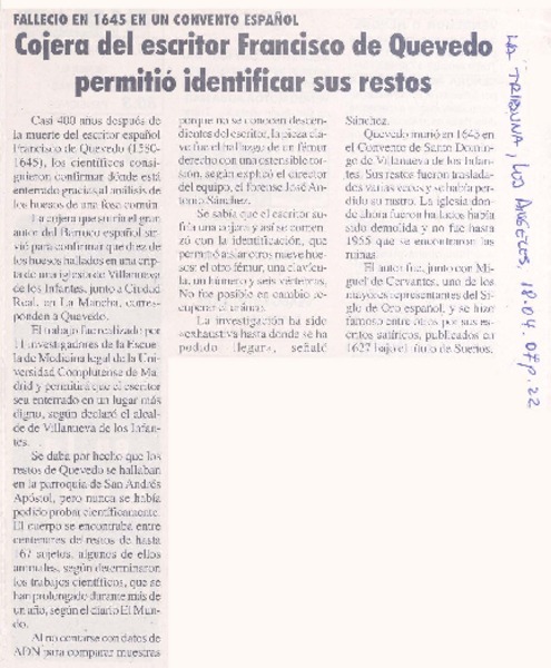 Cojera del escritor Francisco de Quevedo permitió identificar sus restos