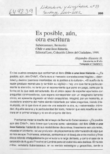 Es posible, aún, otra escritura  [artículo] Alejandro Alasevic H.