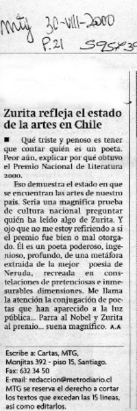 Zurita refleja el estado de las artes en Chile  [artículo]
