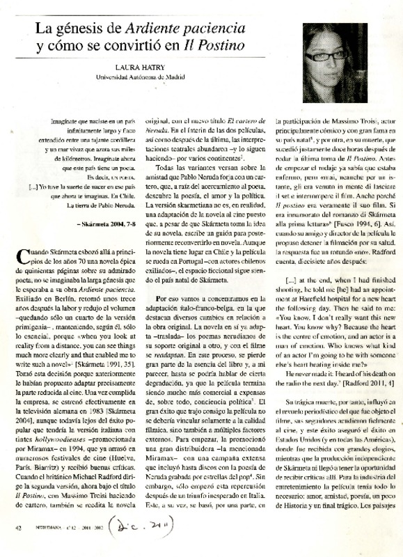 La génesis de Aridiente paciencia y cómo se convirtió en Il postino  [artículo] Laura Hatry.