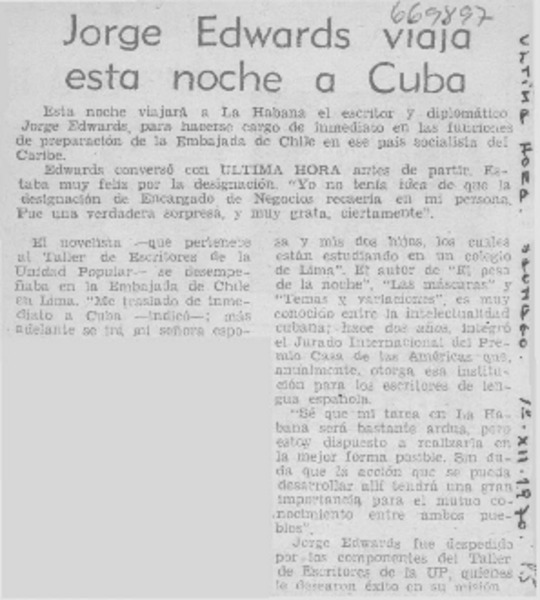 Jorge Edwards viaja esta noche a Cuba.