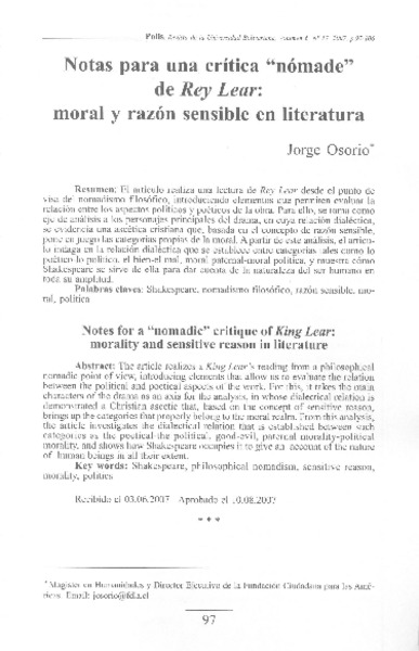 Notas para una crítica "nómade" de Rey Lear: moral y razón sensible en literatura