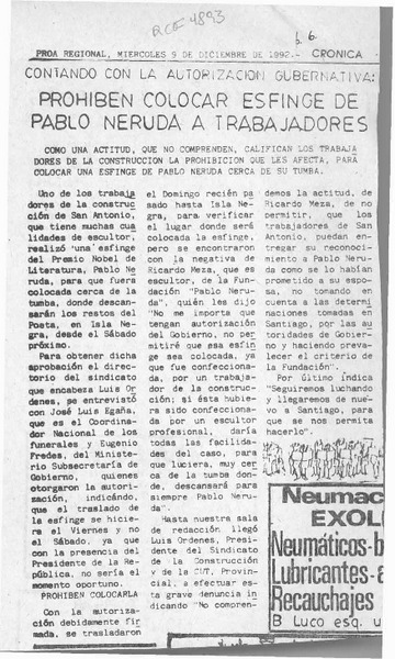 Prohíben colocar esfinge de Pablo Neruda a trabajadores  [artículo].