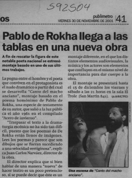 Pablo de Rokha llega a las tablas en una nueva obra  [artículo]