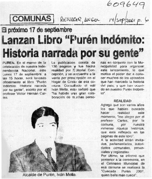 Lanzan libro "Purén indómito, historia narrada por su gente"  [artículo]