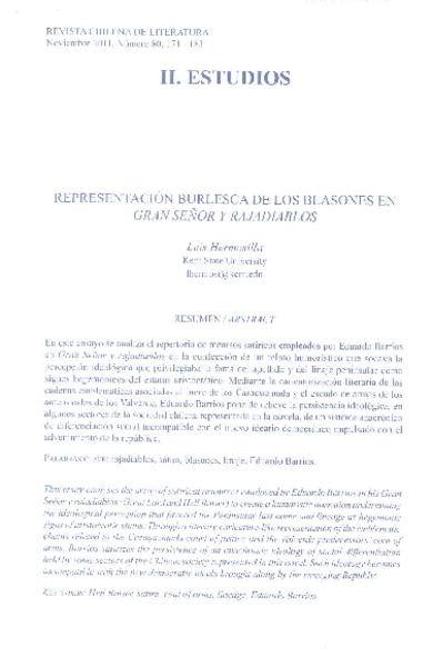 Representación burlesca de los blasones en Gran señor y rajadiablos  [artículo] Luis Hermosilla.