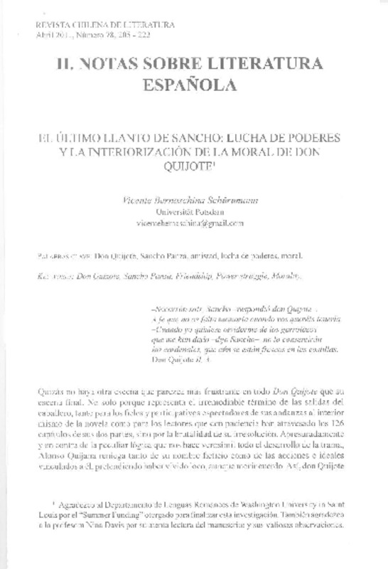 El último llanto de Sancho  [artículo] Vicente Bernaschina Schürumann.