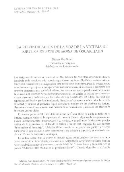 La reivindicacion de la voz de la víctima de tortura en Arte de Morir de Oscar Hahn