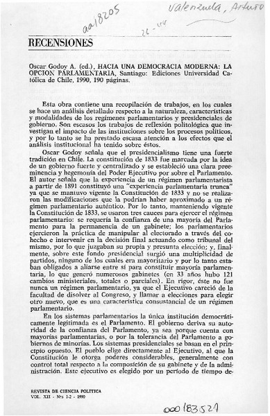 Hacia una democracia moderna, la opción parlamentaria  [artículo] Carlos Eduardo Mena K.