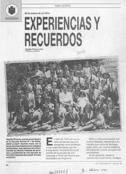 Experiencias y recuerdos  [artículo] Haydée Riveros Díaz.