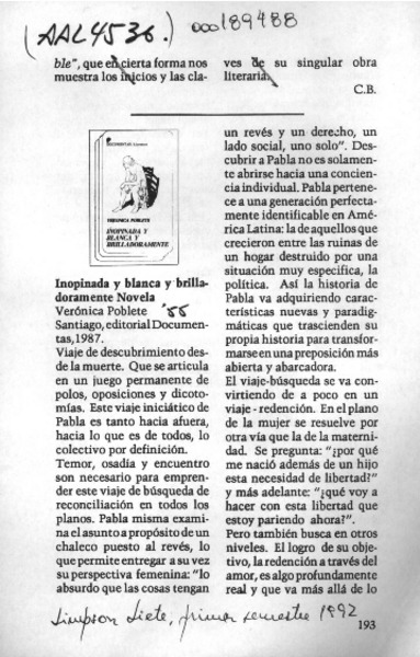 Inopinada y blanca y brilladoramente novela