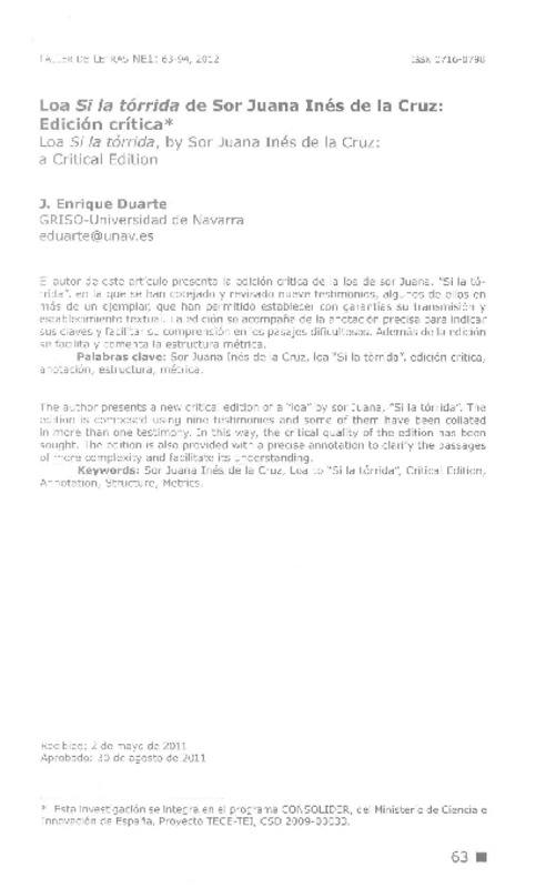 Loa Si la tórrida de Sor Juana Inés de la Cruz  [artículo] J. Enrique Duarte.