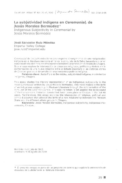 La subjetividad indígena en Ceremonial, de Jesún Morales Bermúdez