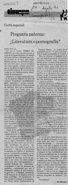 Pregunta paterna, literatura o pornografía?  [artículo] Paz Miranda.