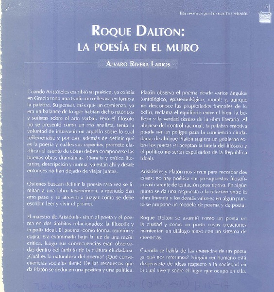 La poesía en el muro  [artículo] Alvaro Rivera Larios.