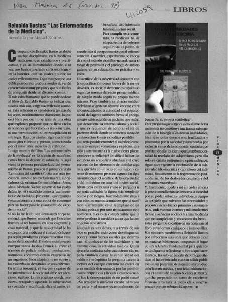 Reinaldo Bustos, "Las enfermedades de la medicina"  [artículo] Miguel Kottow