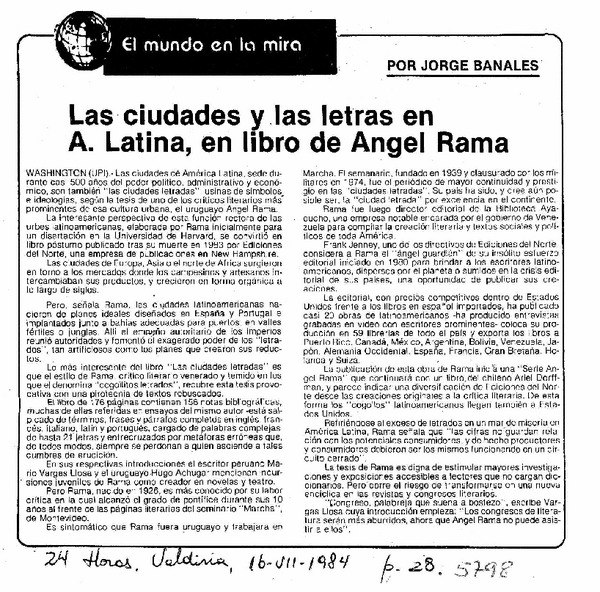 Las ciudades y la sletras en A. Latina, en libro de Angel Rama