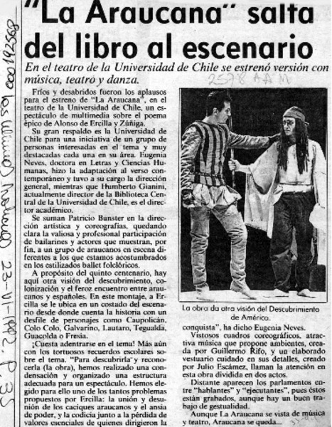 "La Araucana" salta del libro al escenario  [artículo].
