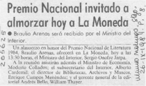Premio Nacional invitado a almorzar hoy a La Moneda