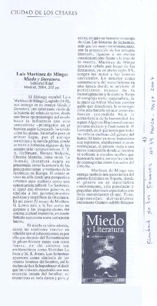 Luis Martínez de Mingo: Miedo y Literatura.