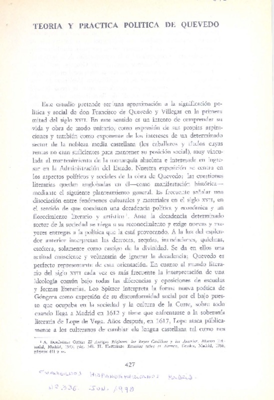 Teoría y práctica política de Quevedo  [artículo] José Antonio Álvarez Vázquez.
