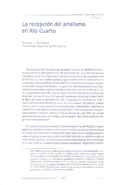 La recepción del arielismo en Río Cuarto  [artículo] Osvaldo Emilio Prieto.