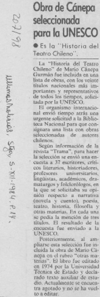 Obra de Cánepa seleccionada para la UNESCO