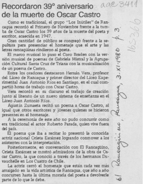 Recordaron 39 aniversario de la muerte de Óscar Castro