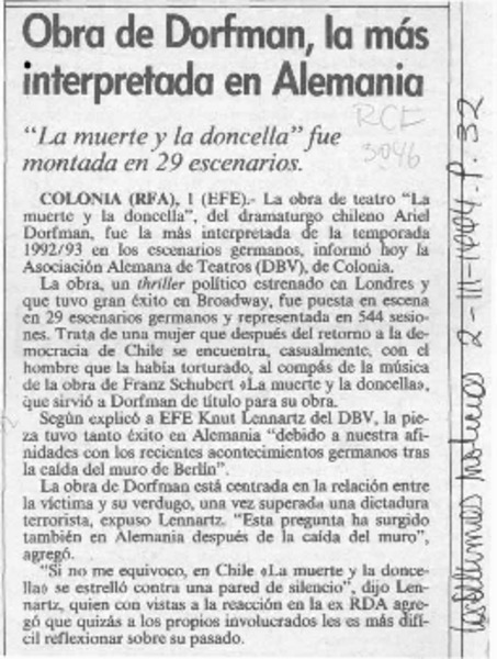 Obra de Dorfman, la más interpretada en Alemania  [artículo].
