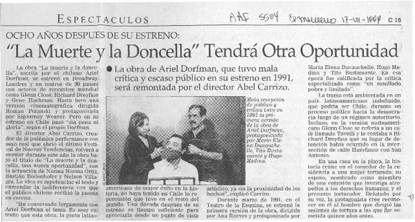 "La Muerte y la doncella" tendrá otra oportunidad  [artículo].