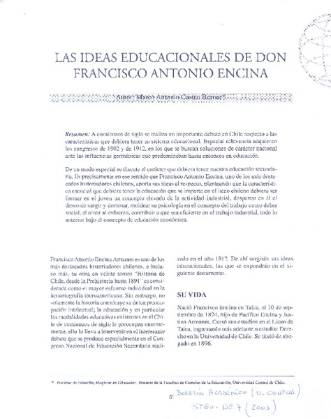 Las ideas educacionales de don Francisco Antonio Encina  [artículo] Marco Antonio Castro Bernar.